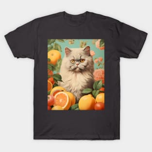 Vintage Persian Cat Collage Surrounded by Citrus Fruit - Unique Cat Art T-Shirt